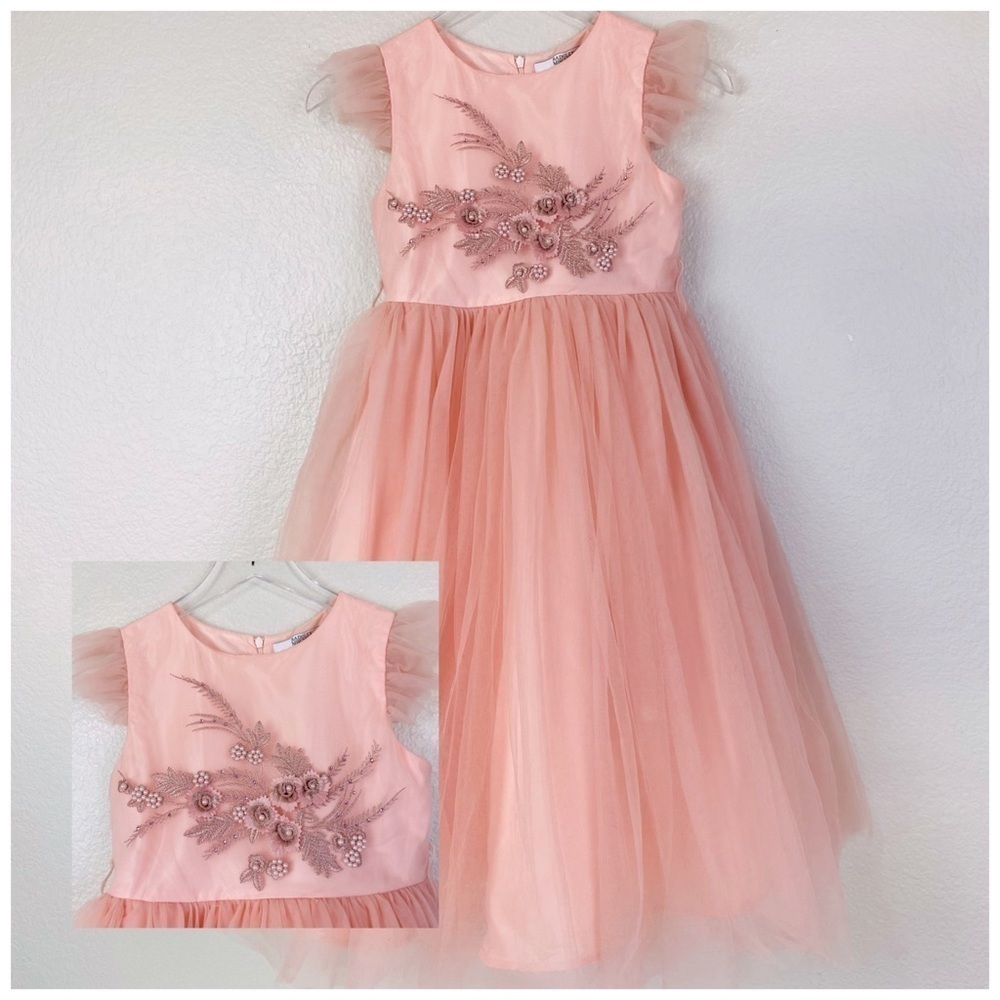 Badgley Mischka Coral/Peach Beaded Tulle Party Dress Size 10
